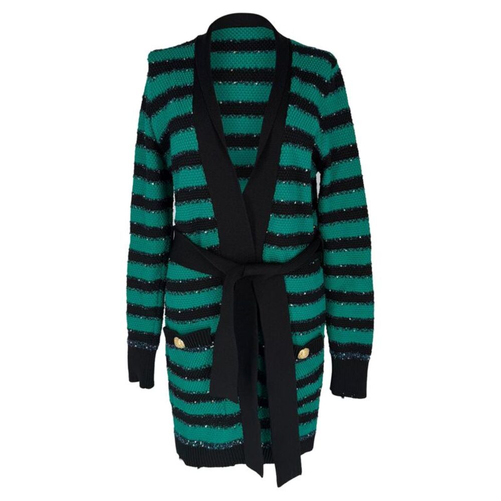 Balmain Striped Long Belted Cardigan in Green Viscose